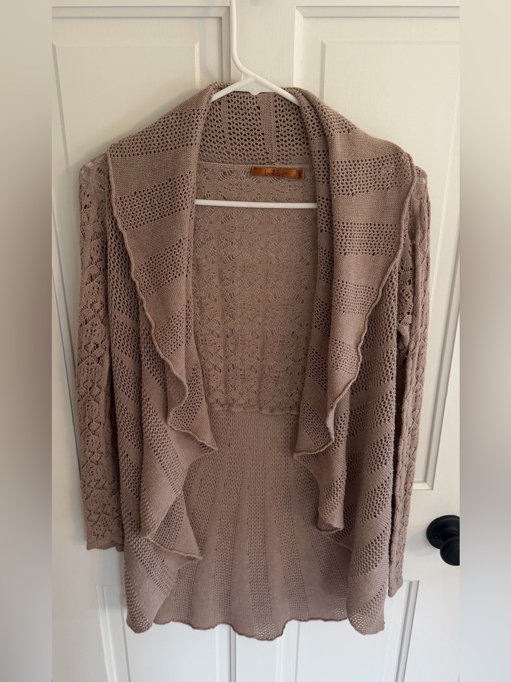 Belldini Open Knit Cardigan Large Taupe Crochet Lace Drape Front Sweater